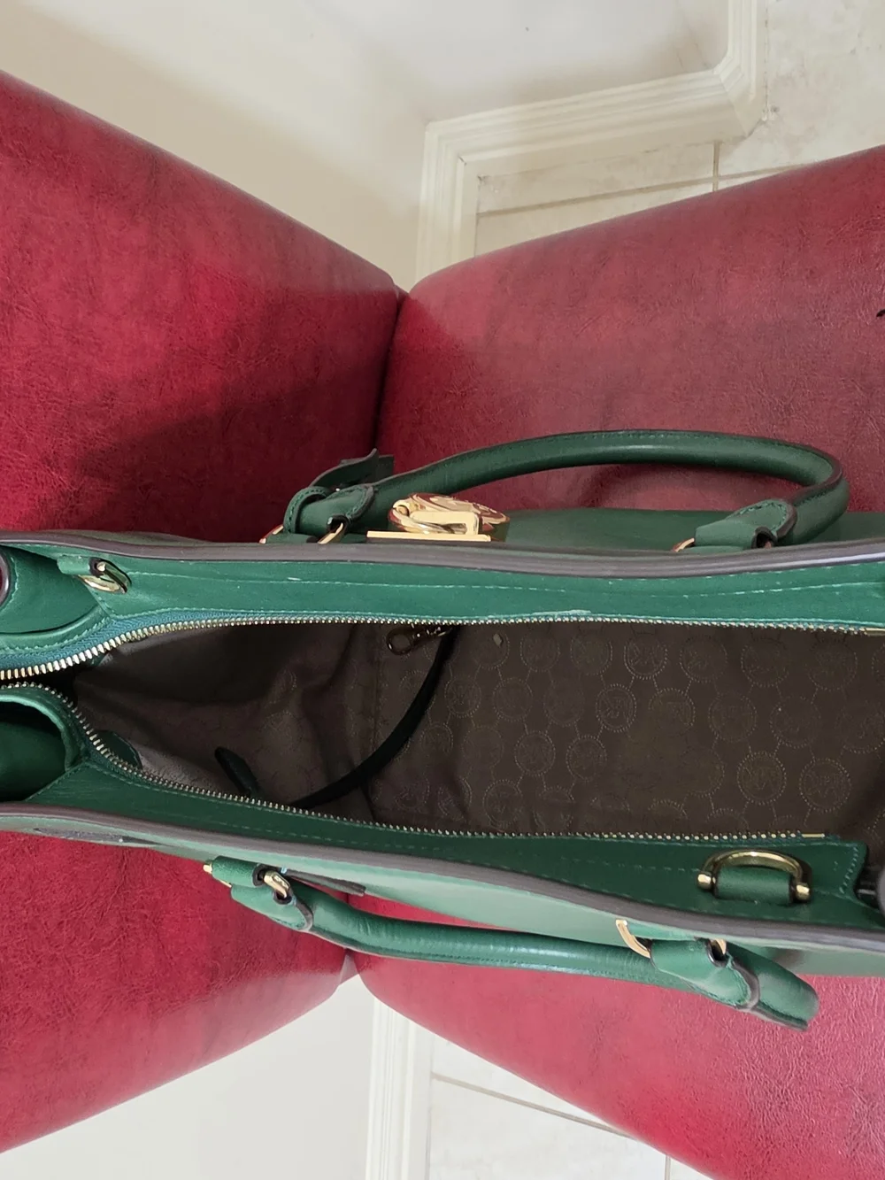 Michael Kors- Green Leather Top-Handle Tote with Gold Lock